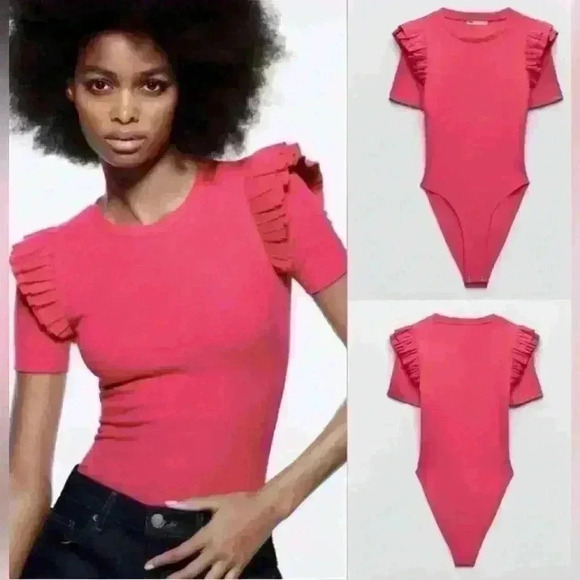 Zara Ruffle Sleeve Hot Pink Bodysuit Barbie Barbiecore size S Crew neck - Picture 1 of 11